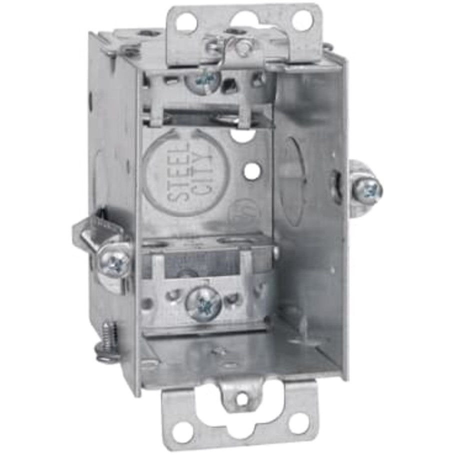 3x2 Switch Box, Gangable, Steel, 2-1/2 in. D, (2) 1/2 in. Side KO, (1) 1/2 in. Bottom KO, Mounting Ears, (2) C-3 Clamps