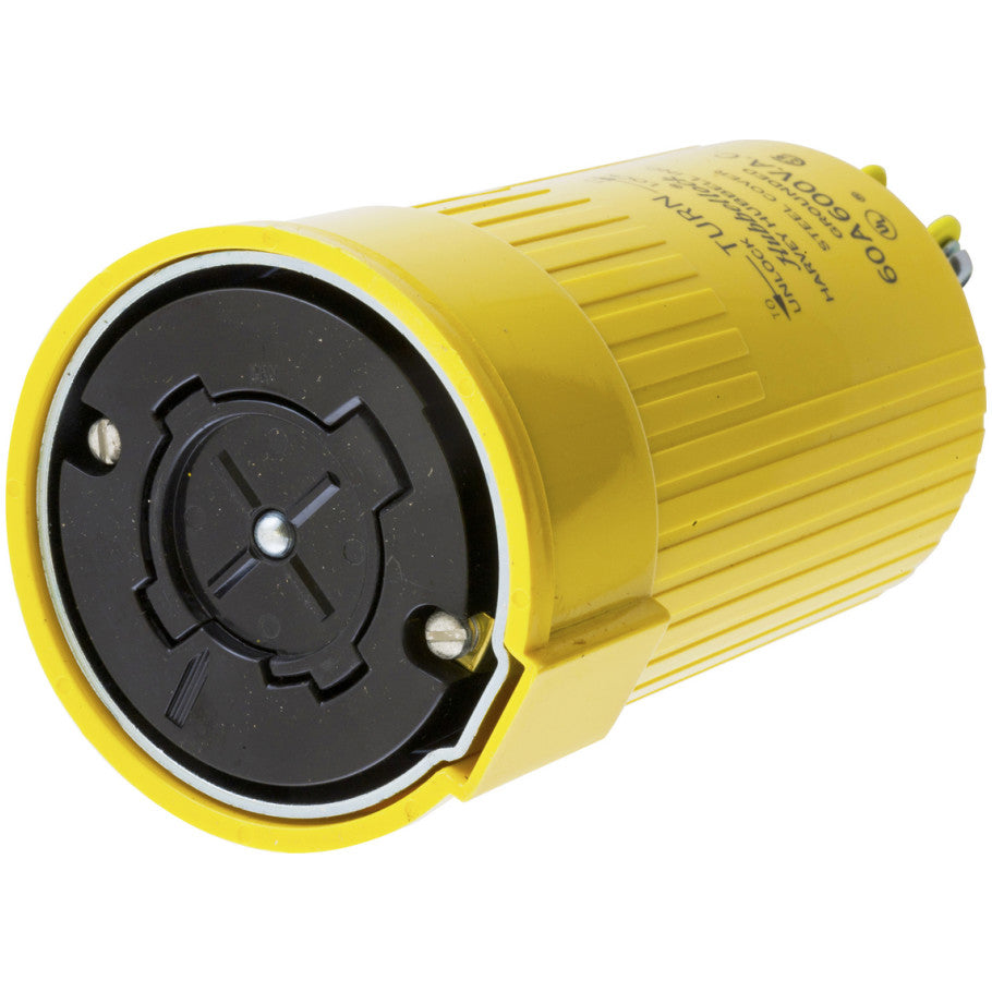Hubbellock Connector Body With Black Phenolic Interior and Yellow Thermoplastic Sleeve Over Steel Cover, 60A, 600V, 3P4W