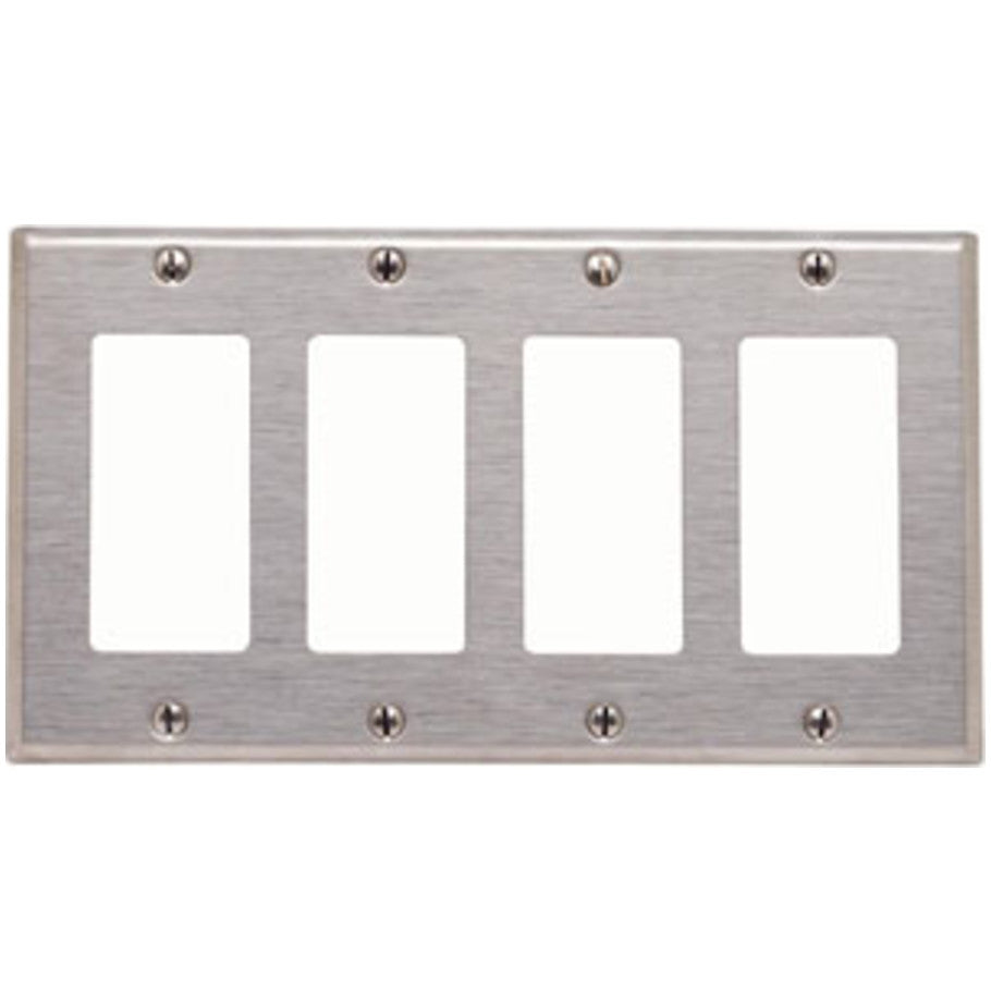 Wall Plate, Decora/GFCI Device, 4 Gang, Device Mount, 302 Stainless Steel