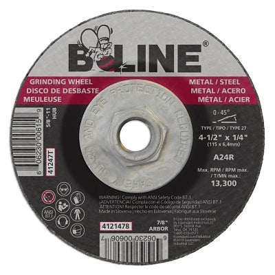 Depressed Center Grinding Wheel, 4-1/2 in dia, 5/8 in-11 Arbor, 1/4 in Thick, 24 Grit, Aluminum Oxide