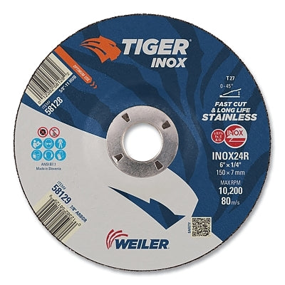 Tiger Inox Grinding Wheel, 6 in dia, 1/4 in Thick, 5/8 in-11 Arbor, 24 Grit