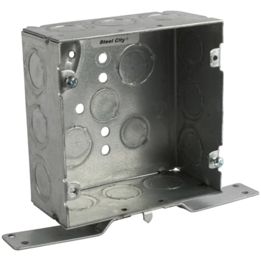4-11/16 in. Square Box, Steel, Welded, 2-1/8 in. D, (8) 1/2   (4) 3/4 in. Side KO, (3) 1/2   (2) 3/4 in. Bottom KO, CV Bracket