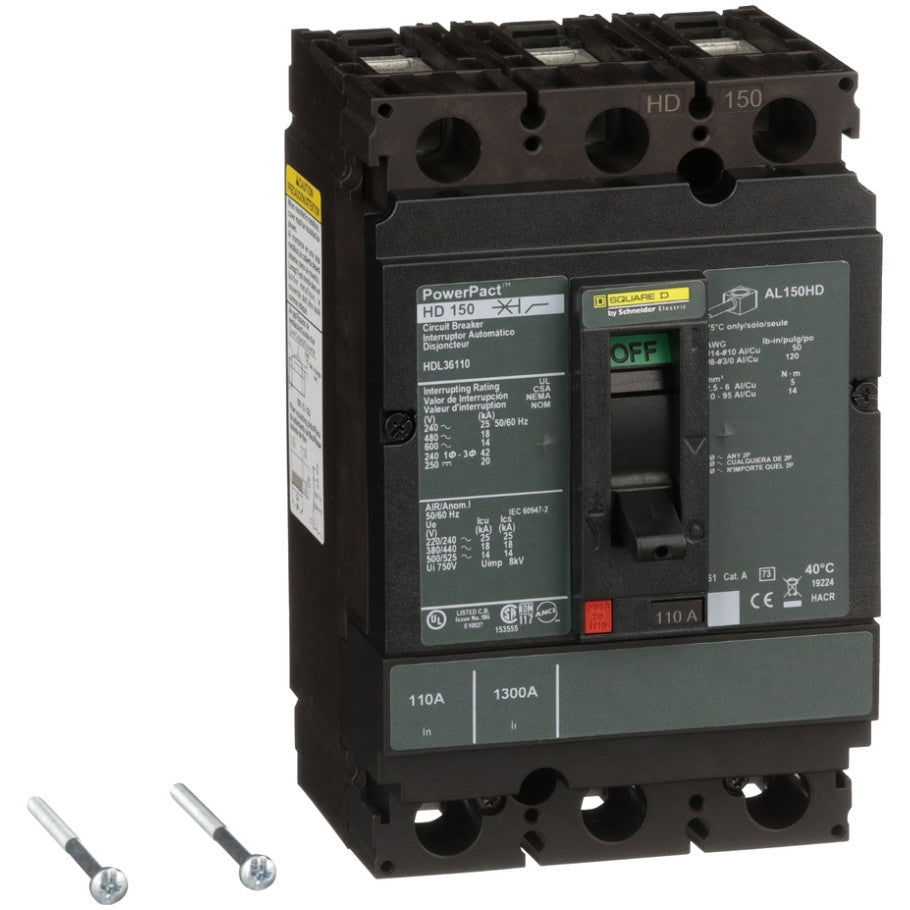 PowerPact Molded Case Circuit Breaker, H-Frame, Unit Mount, 14 kA, 600V, 3-Pole, 110A