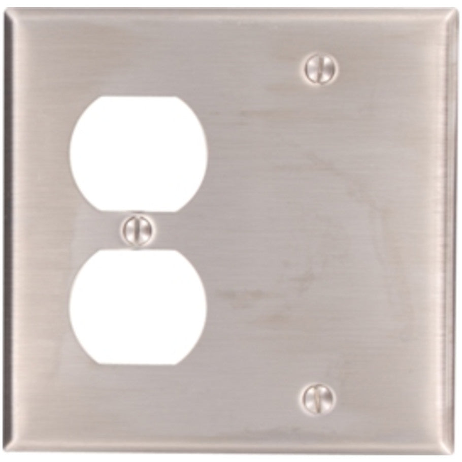 Type 302 Stainless Steel 2 Gang Box Mount Combination Blank and Duplex Receptacle Wall Plate