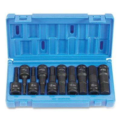 Impact Driver Set, 1/2 in Drive, Metric, 6 mm to 19 mm Size, 75 mm OAL, 10-Pc Standard Length Hex