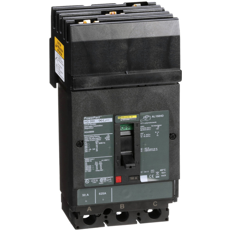 PowerPact Molded Case Circuit Breaker, I-Line Mount, H-Frame, Thermal Magnetic, 3-Pole, 600V, 18kA, 50A