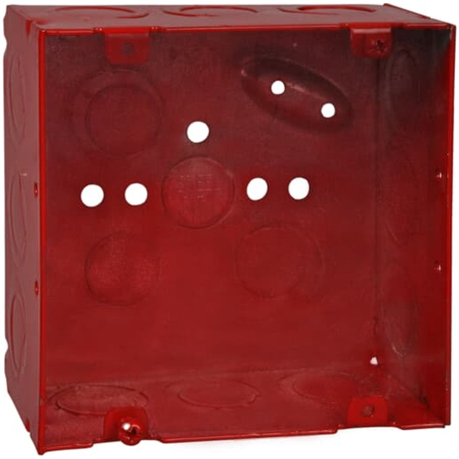 4-11/16 in. Square Box, 42 cu. in. capacity,  2-1/8 in. D, 1/2 in. and 3/4 in. Eccentric KO, Pre-Galvanized Steel, Welded, Red