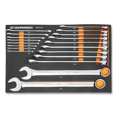 Long Pattern Combination Wrench Sets, 12 Points, SAE, Chrome, With Foam Tray, 19-pc