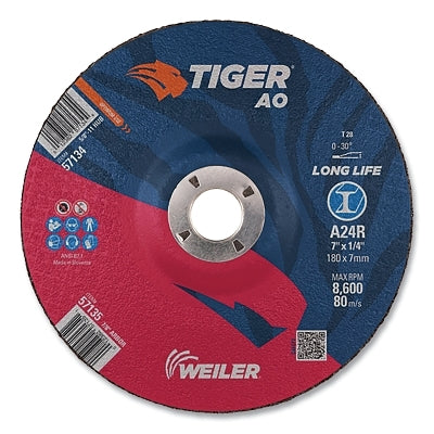 Tiger AO Grinding Wheel, 7 in dia x 1/4 in Thick, 7/8 in Arbor, A24R, Type 28
