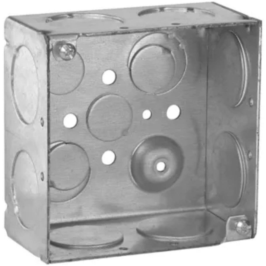 4 in. Square Box, Steel, Welded, 2-1/8 in. D, (8) 1 in. Side KOs, (2) 1/2   (2) 1/2 3/4 in. E Bottom KOs