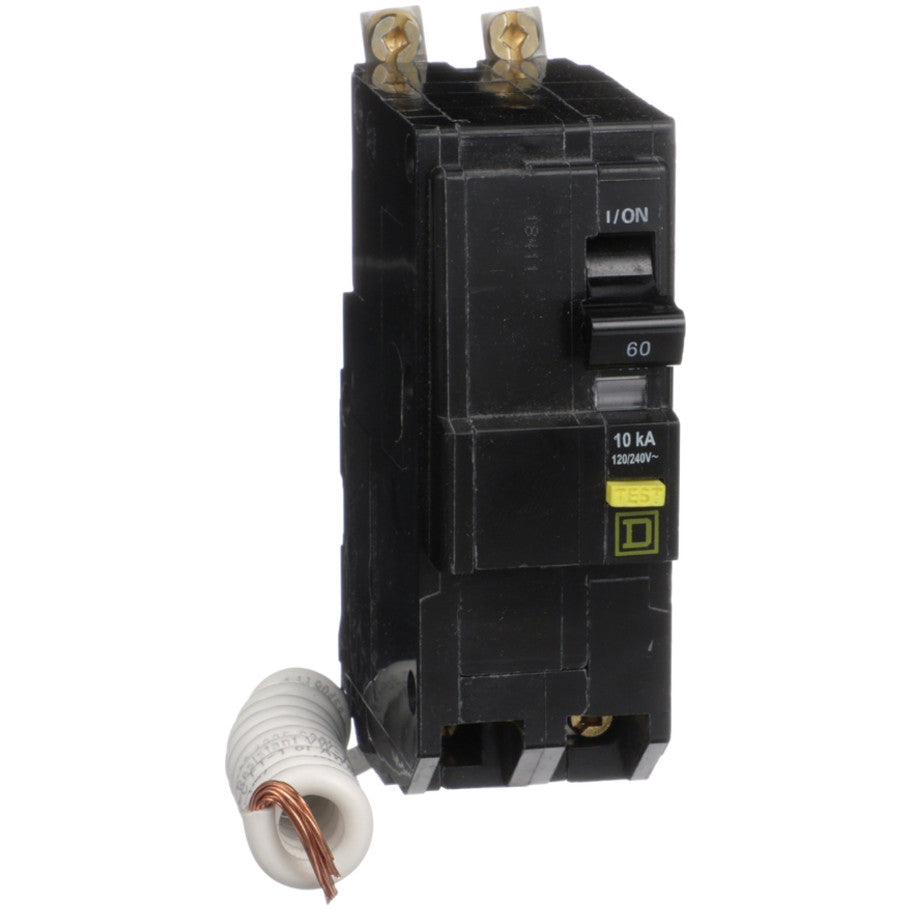 Mini circuit breaker, QO, 60A, 2 pole, 120/240VAC, 10kA, bolt on, 6mA grd fault A, pigtail  TAA