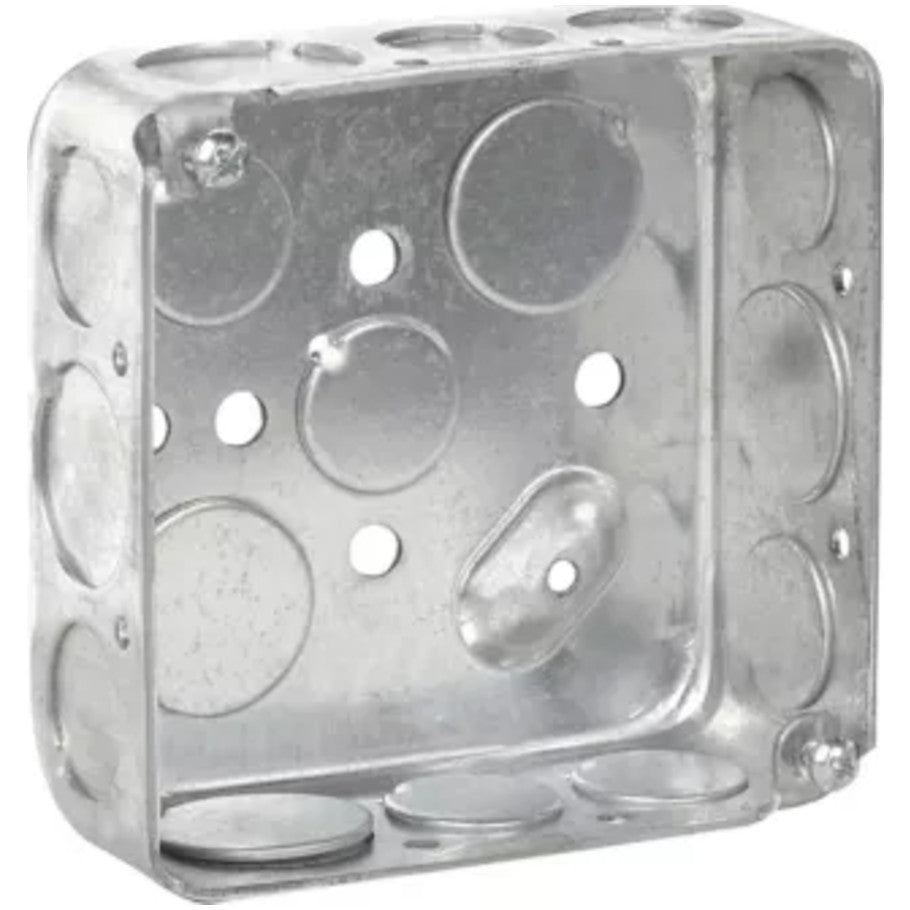 4 Square Box, Steel, Drawn, 1-1/2 in. D, (8) 1/2   (4) 3/4 in. Side KO, (3) 1/2   (2) 3/4 in. Bottom KO