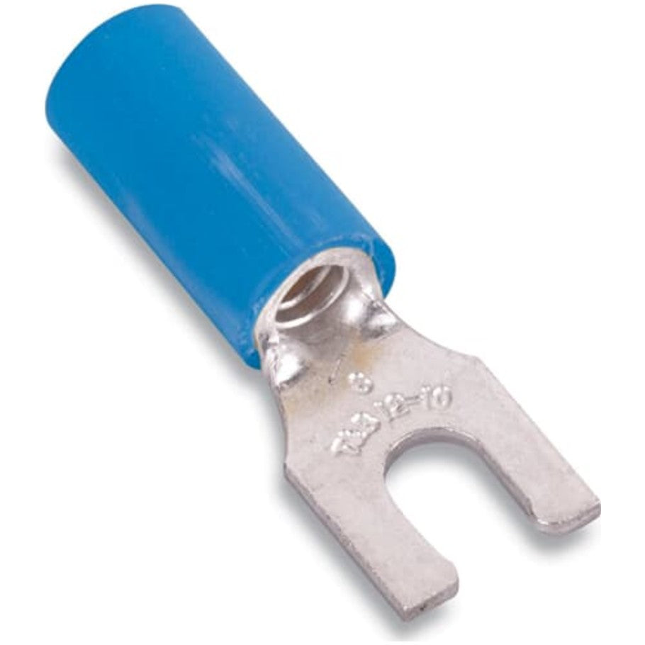Nylon Insulated Locking Fork Terminal, Length .87 Inches, Width .25 In, Wire Range  18- 14 AWG, Color Blue, Copper, Tin Plated