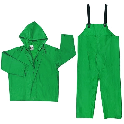 Two-Piece Rain Suit, Jacket w/Hood, Bib Pants, 0.42 mm PVC/Poly, Green, X-Large