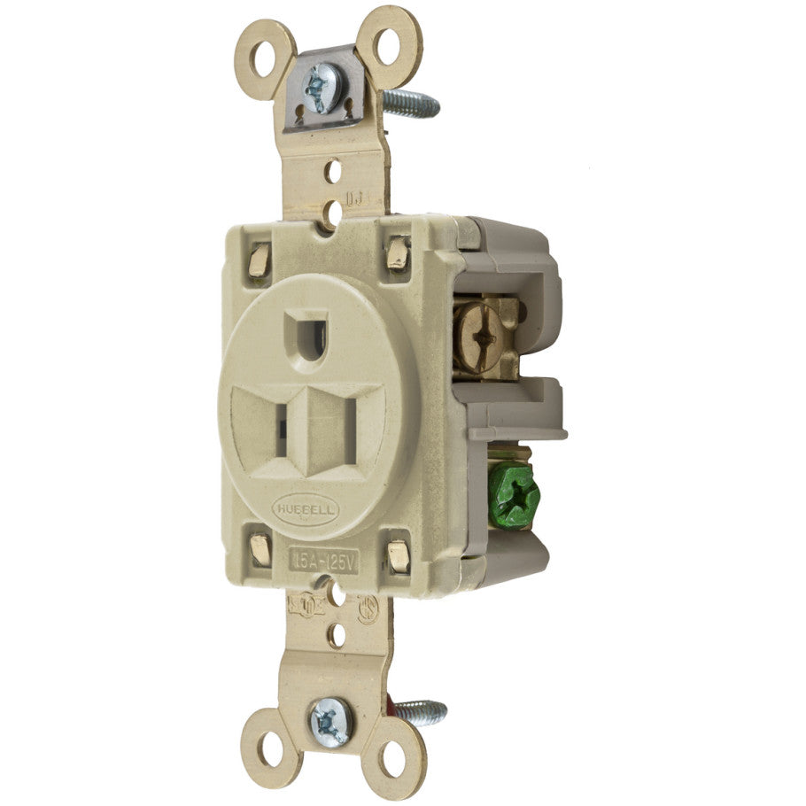 HBL Extra Heavy Duty Specification Grade 15A 125V 2P3W NEMA 5-15R Straight Blade Single Receptacle, Ivory