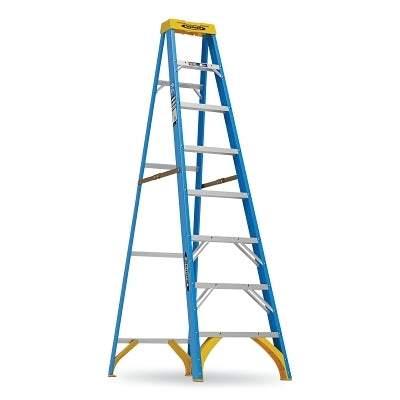 Fiberglass Stepladder, 6008, Type I, 8 ft L, 25 in W, Single-Sided, 250 lb Load Capacity, Blue/Yellow