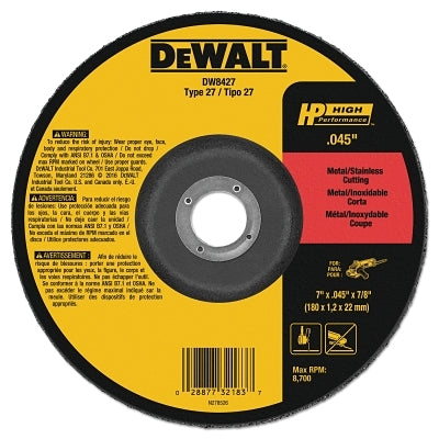 High Performance Cutting Wheel, Type 27, 7 in dia x 0.045 in Thick x 7/8 in Arbor, 60 Grit, Aluminum Oxide