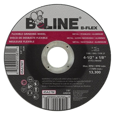 Flexible Depressed Center Wheel, 4-1/2 in dia, 7/8 in Arbor, 1/8 in Thick, 30 Grit, Aluminum Oxide