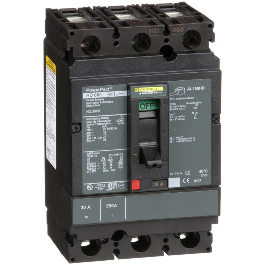 PowerPact Molded Case Circuit Breaker, H-Frame, Unit Mount, 14 kA, 600V, 3-Pole, 30A