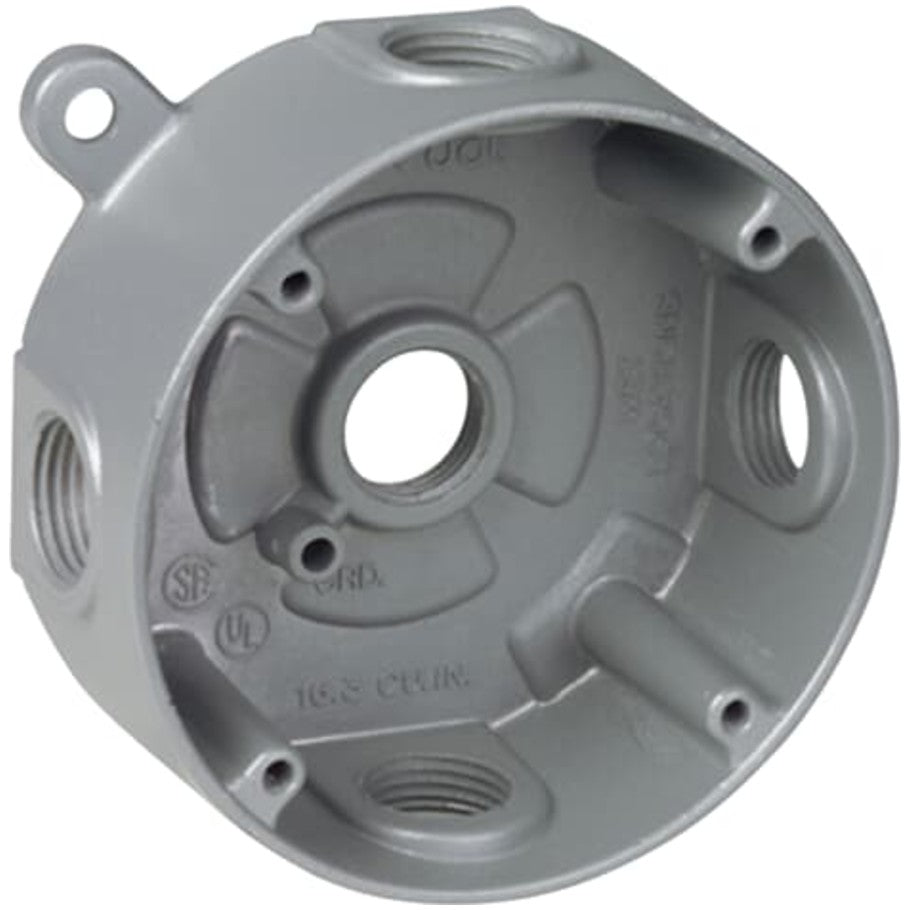Red-Dot Outlet Box, Aluminum Die Cast, Round, 1-5/8 in. Deep, (5) 1/2 in. Hubs