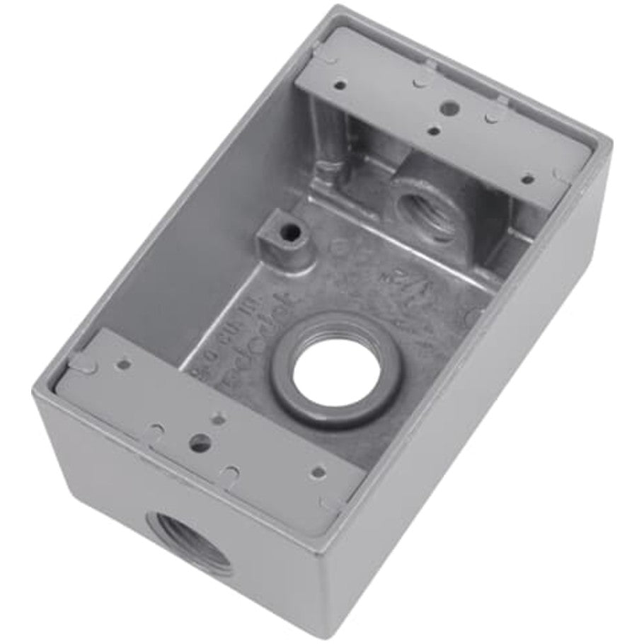 1-Gang aluminum die cast D-PAK 2-1/16 in. deep weatherproof box with mounting lugs and (3) 1/2 in. hubs.