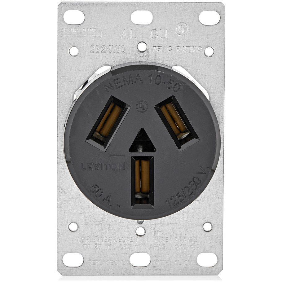 Straight Blade Receptacle, Thermoplastic, Black, 50A, 125V/250V, NEMA 10-50R