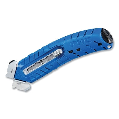 S8 Ambidextrous Safety Cutter, Fixed Metal Guards, Auto-Retract, Button, Plastic, 5 Additional Blades, Blue