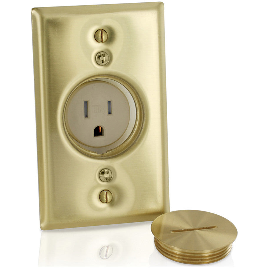 Straight Blade Single Receptacle, Tamper-Resistant, Display Receptacle, Brass Wallplate and Screw Cap, 15A, 125V, 2P3W, Ivory