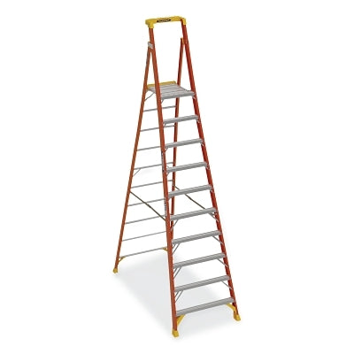 Podium Ladder, PD6210, Type IA, 10 ft, 16 ft Reach, 10 ft Ladder H, 38 in W, 300 lb Load Capacity, Fiberglass, Orange