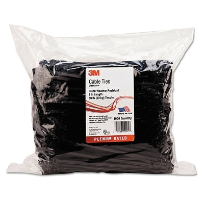 3M 592943 Standard Cable Ties, CT8BK50-M, 50 lb Tensile Strength, 7-3/5 in, UV Black, 1000 per bag