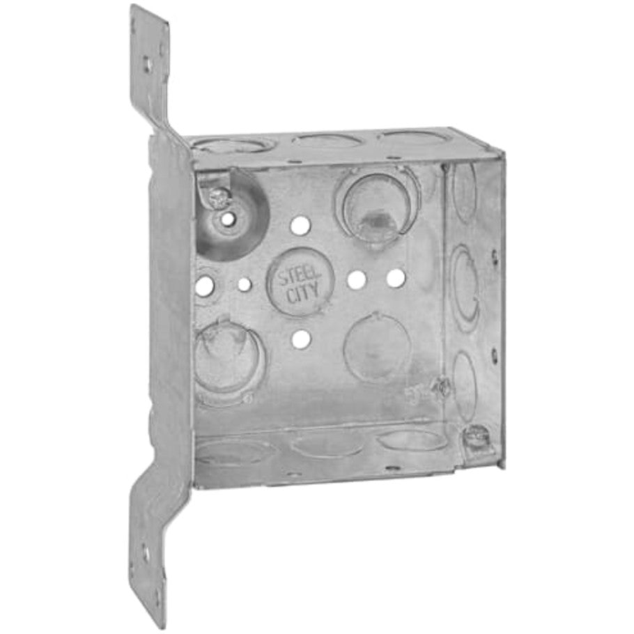 4 in. Square 2-1/8 in. deep steel welded box with (11)1/2 and (6)1/2E-3/4E in. knockouts and CV-bracket.