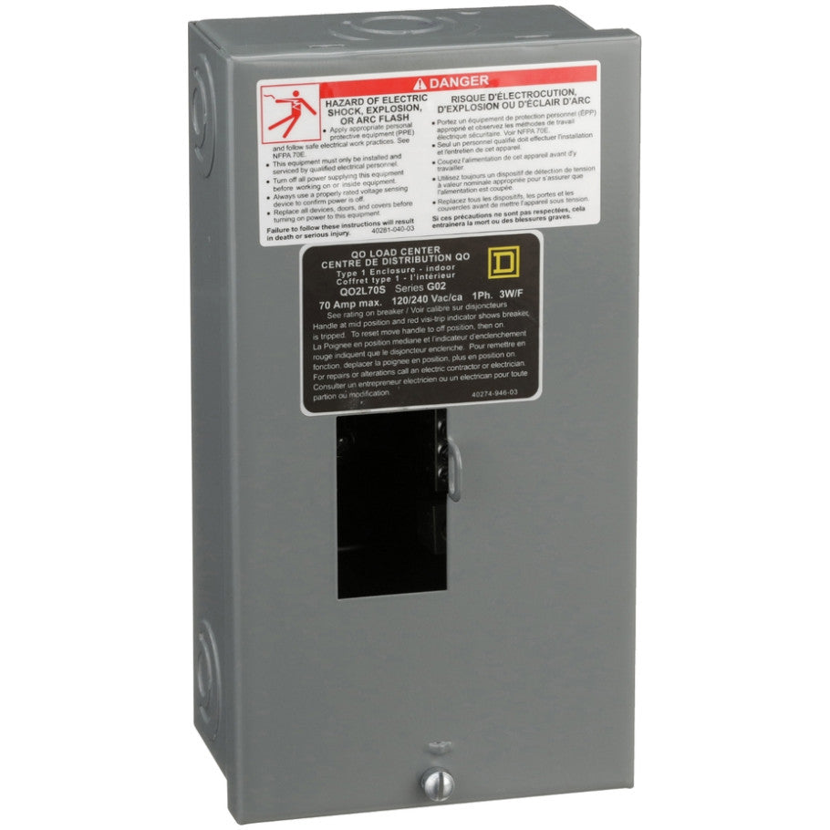Load center, QO, 1 phase, 2 spaces, 2 circuits, 70A fixed main lugs, NEMA1, surface cover
