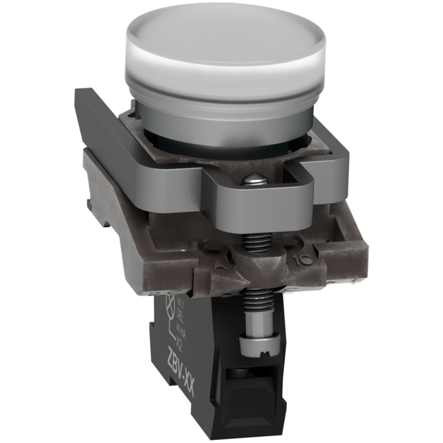 Pilot light, Harmony XB4,metal, white, 22mm, universal LED, plain lens, 24V AC DC