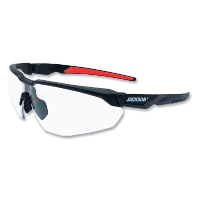 Hyperguard Safety Glasses, Clear, Polycarbonate, Hard Coated, Black Half Frame, Red Temple