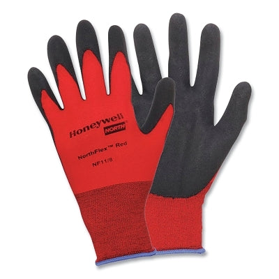 NorthFlex Red NF11 Foam PVC Fingertips/Palm Coated Gloves, Large, Black/Red