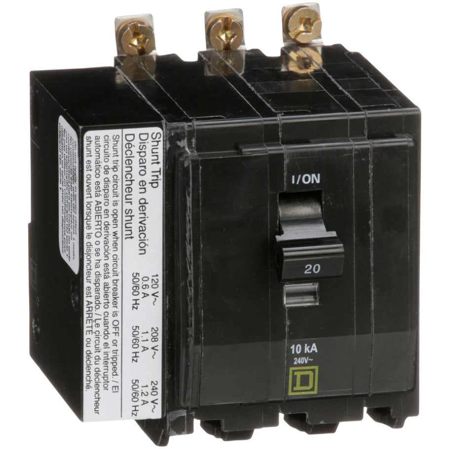 QOB Miniature Circuit Breaker, Bolt On, 3 Pole, 20A, 120/240V, 10kA, Shunt Trip
