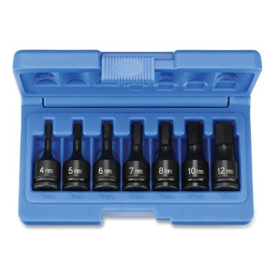 Impact Driver Set, 3/8 in Drive, Metric, 4 mm to 12 mm Size, 50 mm OAL, 7-Pc Standard Length Hex