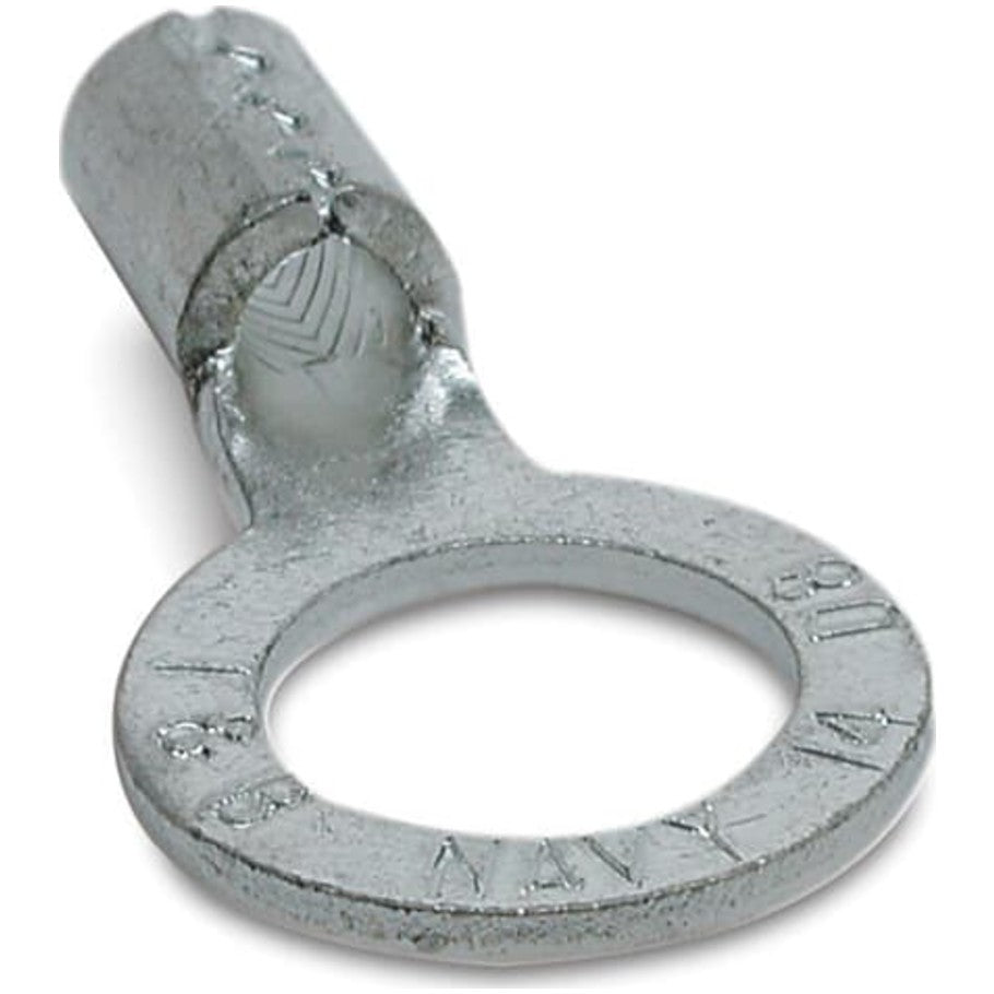Non-Insulated Large Brazed Seam Ring Terminal, Length 1.13 Inches, Bolt Hole 1/4 Inch, Wire Range  6 AWG, Copper