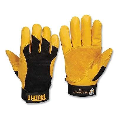 TrueFit Leather-Palm Gloves, 1475, Top Grain Cowhide/Rough Side Out Cowhide Palm/Spandex BOH, Med, Black/Gold