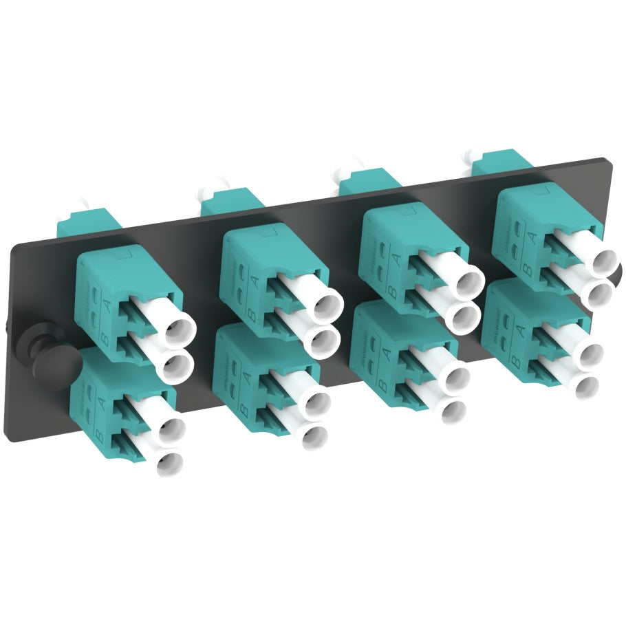 Opticom Fiber Adapter Panel, Zirconia Ceramic, 8-Port, LC 10Gig Duplex, Multimode - OM3/OM4, Aqua
