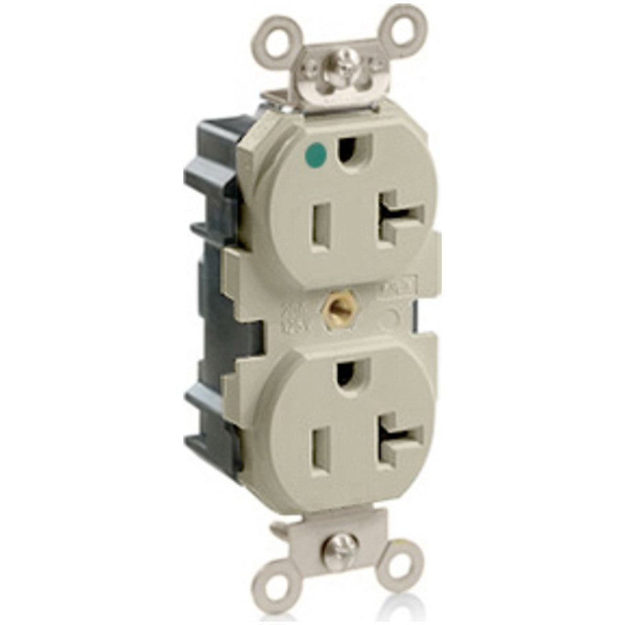 Lev-Lok Heavy-Duty Hospital Grade Receptacle Outlet, Nylon, Duplex, Self-Grounding, 2-Pole, 3-Wire, 20A, 125V ac, Ivory