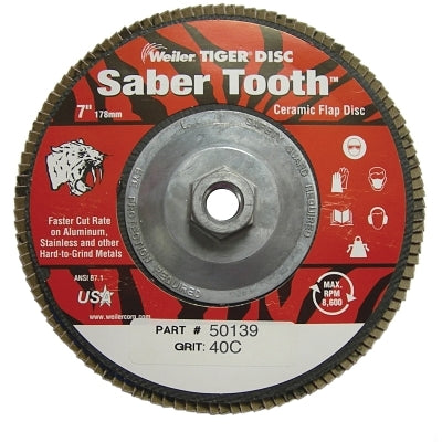 Tiger Saber Tooth Ceramic High Density Abrasive, 7 in dia, 40 Grit, 5/8 in-11 UNC Nut, 8,600 RPM, Type 27