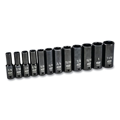 Impact Socket Set, 1/2 in Dr, 6-point, SAE, 3/8 in to 1-1/16 in, 12-Pc Deep Length, Incl Blow Mold Case
