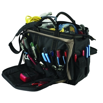 Soft Side Tool Bag, 57 Compartments, 14 in X 7 in, Tan/Black