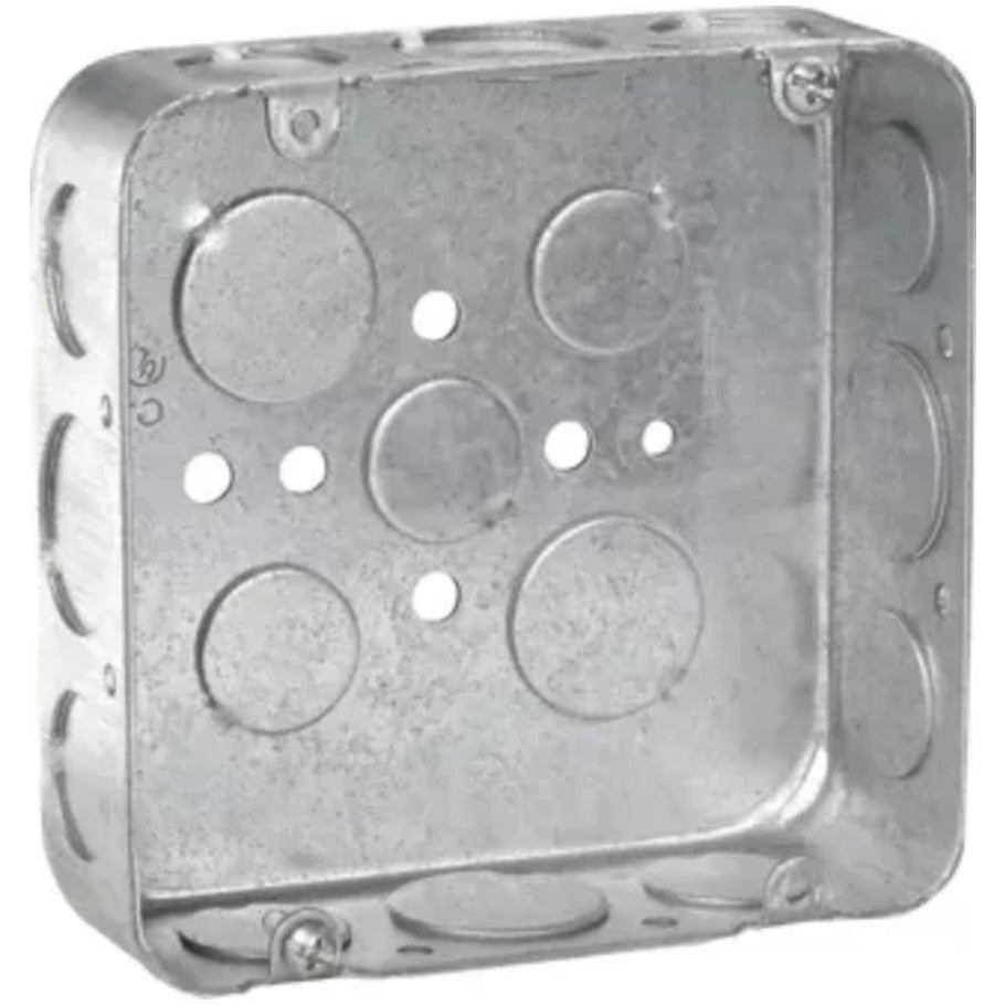 4-11/16 in. Square Box, Steel, Drawn, 1-1/2 in. D, (8) 1/2   (4) 3/4 in. Side KO, (3) 1/2   (2) 3/4 in. Bottom KO