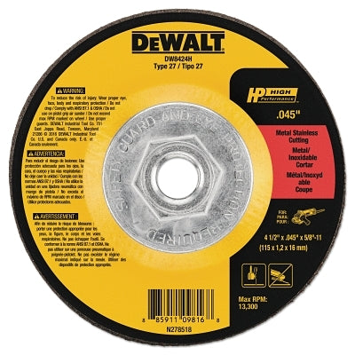High Performance Cutting Wheel, Type 27, 4-1/2 in dia x 0.045 in Thick x 5/8 in-11 Arbor, 60 Grit, Aluminum Oxide