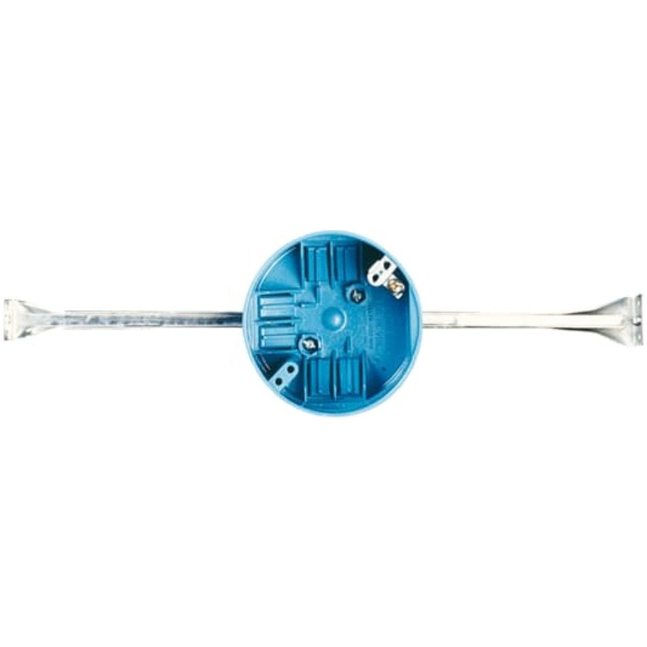 Carlon Ceiling Box, 11.5 to 14.5 in. Adjustable Bar Hanger, Polycarbonate, Blue, 4 in. Diameter, Ground Lug/Screw