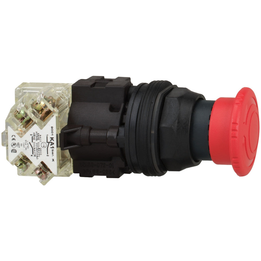 30mm Turn-to-Release Mushroom Operator, Non-Illuminated, Plastic Head, 2-Position, Trigger Action, Red, 2NO/2NC