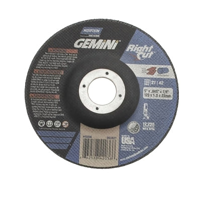 Gemini RightCut Right Angle Cut-Off Wheel, Type 27/42, 5 in dia x 0.045 in Thick x 7/8 in Arbor, 25 EA/BX