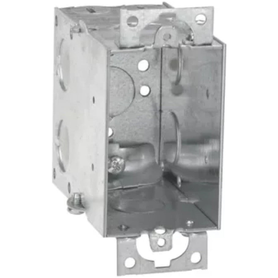 Steel Switch Box, 3x2, Gangable, NM Cable, 3-1/2 in.D, (4)Side Cable Clamps   (6)1/2 in. KO, (1)1/2 in. Bottom KO, Mounting Ears